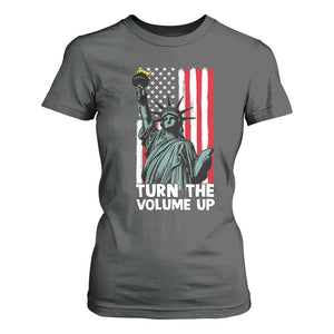 Turn The Volume Up T Shirt For Women Statue of Liberty Patriotic American Flag TS14 Dark Heather Print Your Wear