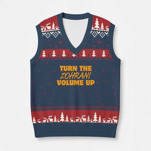 Turn The Volume Up V-Neck Knit Sweater Vest Zohran Mamdani TS14 Navy Red Print Your Wear