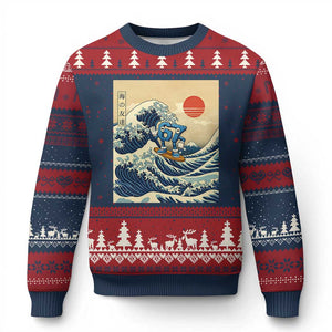 Funny Six Seven Surfing Ugly Christmas Sweater The Great Wave Kanagawa Japanese 67 Brainrot Meme TS14 Navy Red Print Your Wear