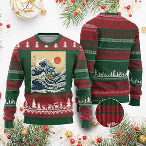 Funny Six Seven Surfing Ugly Christmas Sweater The Great Wave Kanagawa Japanese 67 Brainrot Meme TS14 Red Green Print Your Wear