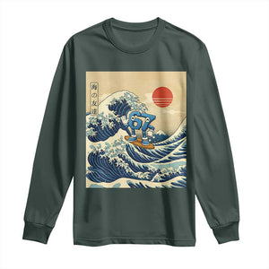 Funny Six Seven Surfing Long Sleeve Shirt The Great Wave Kanagawa Japanese 67 Brainrot Meme TS14 Dark Forest Green Print Your Wear