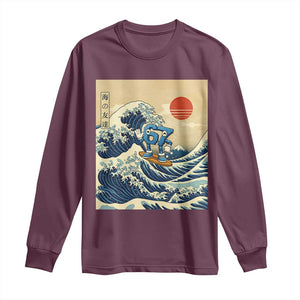 Funny Six Seven Surfing Long Sleeve Shirt The Great Wave Kanagawa Japanese 67 Brainrot Meme TS14 Maroon Print Your Wear