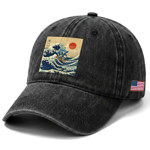 Funny Six Seven Surfing Washed Cotton Baseball Cap The Great Wave Kanagawa Japanese 67 Brainrot Meme TS14 Print Your Wear