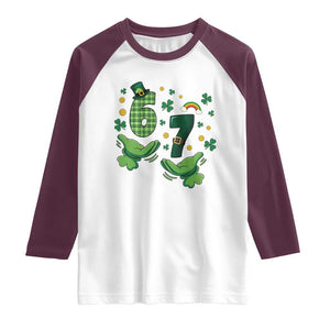 67 St Patricks Day Raglan Shirt Funny Six Seven Hands Meme TS14 White Maroon Print Your Wear