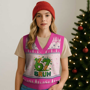 67 St Patricks Day V-Neck Knit Sweater Vest Funny Six Seven Bruh Meme TS14 Hot Pink Print Your Wear