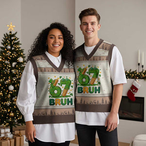 67 St Patricks Day V-Neck Knit Sweater Vest Funny Six Seven Bruh Meme TS14 Mocha Mousse Print Your Wear