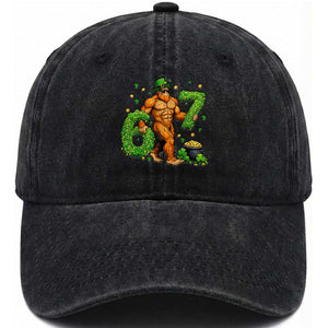 67 St Patricks Day Washed Cotton Baseball Cap Funny Bigfoot Six Seven Shamrock Party Meme TS14 Washed Cap Universal Fit Black Print Your Wear