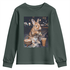 Easter Bunny Iced Coffee Youth Sweatshirt Funny Rabbit Egg Painting TS14 Dark Forest Green Print Your Wear