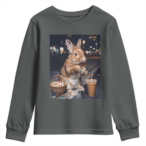 Easter Bunny Iced Coffee Youth Sweatshirt Funny Rabbit Egg Painting TS14 Dark Heather Print Your Wear