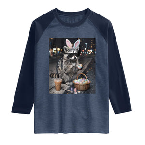 Easter Raccoon Iced Coffee Raglan Shirt Funny Trash Panda Egg Painting TS14 Heather Denim Navy Print Your Wear