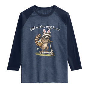 Off To The Egg Hunt Raglan Shirt Funny Easter Raccoon TS14 Heather Denim Navy Print Your Wear