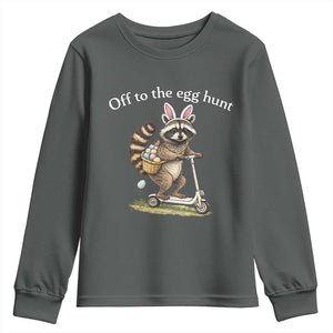 Off To The Egg Hunt Youth Sweatshirt Funny Easter Raccoon TS14 Dark Heather Print Your Wear