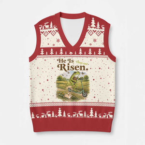 He Is Risen Hop On V-Neck Knit Sweater Vest Christian Easter Frog TS14 Beige Red Print Your Wear