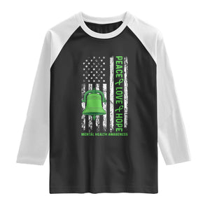 Mental Health Awarenes Raglan Shirt Peace Love Hope Green Ribbon TS14 Black White Print Your Wear
