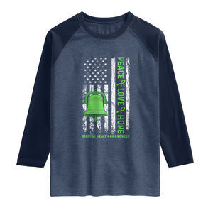 Mental Health Awarenes Raglan Shirt Peace Love Hope Green Ribbon TS14 Heather Denim Navy Print Your Wear