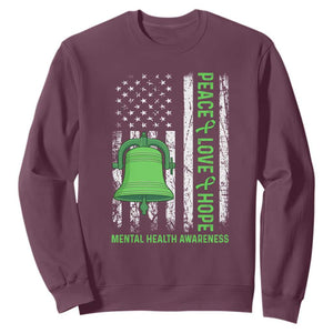 Mental Health Awarenes Sweatshirt Peace Love Hope Green Ribbon TS14 Maroon Print Your Wear