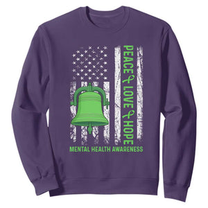 Mental Health Awarenes Sweatshirt Peace Love Hope Green Ribbon TS14 Purple Print Your Wear