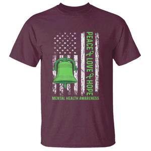 Mental Health Awarenes T Shirt Peace Love Hope Green Ribbon TS14 Maroon Print Your Wear