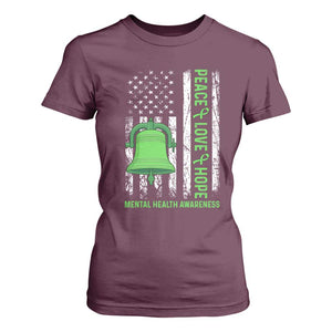 Mental Health Awarenes T Shirt For Women Peace Love Hope Green Ribbon TS14 Maroon Print Your Wear