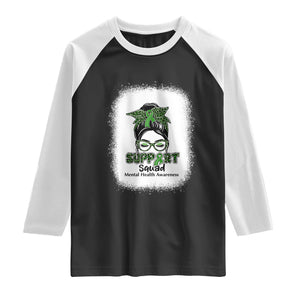Mental Health Awarenes Raglan Shirt Messy Bun Green Ribbon Support TS14 Black White Print Your Wear