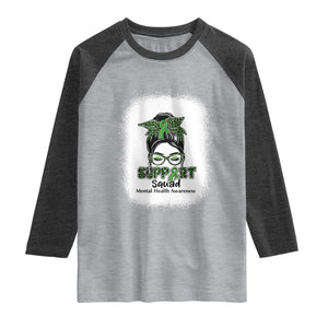 Mental Health Awarenes Raglan Shirt Messy Bun Green Ribbon Support TS14 Heather Gray Heather Charcoal Print Your Wear