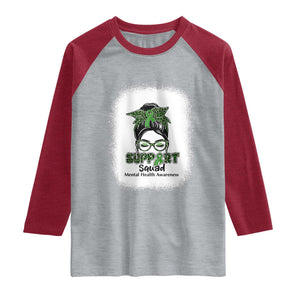 Mental Health Awarenes Raglan Shirt Messy Bun Green Ribbon Support TS14 Heather Gray Heather Red Print Your Wear