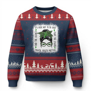 Mental Health Matters Ugly Christmas Sweater Messy Bun Green Ribbon Support TS14 Navy Red Print Your Wear