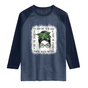 Mental Health Matters Raglan Shirt Messy Bun Green Ribbon Support TS14 Heather Denim Navy Print Your Wear