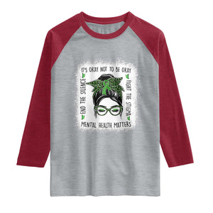 Mental Health Matters Raglan Shirt Messy Bun Green Ribbon Support TS14 Heather Gray Heather Red Print Your Wear
