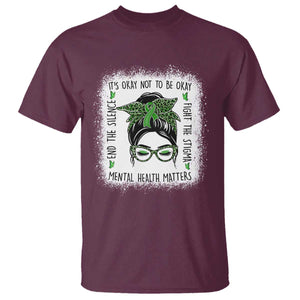Mental Health Matters T Shirt Messy Bun Green Ribbon Support TS14 Maroon Print Your Wear