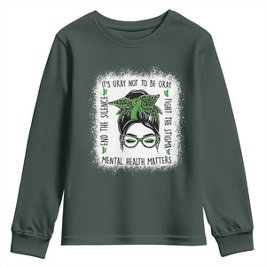 Mental Health Matters Youth Sweatshirt Messy Bun Green Ribbon Support TS14 Dark Forest Green Print Your Wear