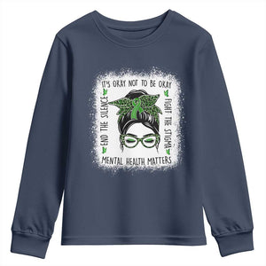 Mental Health Matters Youth Sweatshirt Messy Bun Green Ribbon Support TS14 Navy Print Your Wear