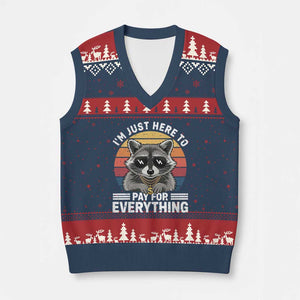 I'm Just Here to Pay for Everything V-Neck Knit Sweater Vest Funny Raccoon Dad Granpa Joke