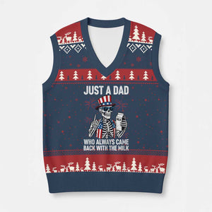 Just a Dad Who Always Came Back with The Milk V-Neck Knit Sweater Vest Funny Skeleton Dad 4th Of July