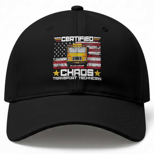 Certified Chaos Transport Technician Baseball Cap Patriotic School Bus Driver USA American Flag