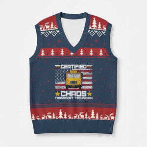 Certified Chaos Transport Technician V-Neck Knit Sweater Vest Patriotic School Bus Driver USA American Flag