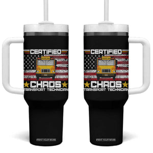 Certified Chaos Transport Technician Tumbler With Handle Patriotic School Bus Driver USA American Flag
