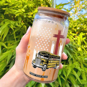 Bus Driver Patriotic Christian USA Flag Glass Can School Bus Driver