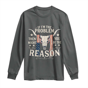 Cow Bull Skull American Flag Vintage Western Long Sleeve Shirt TS14 Dark Heather Print Your Wear