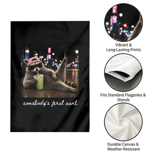 Somebody's Feral Aunt Garden Flag Raccoon Drinking Iced Matcha Latte Sarcastic Animal Humor