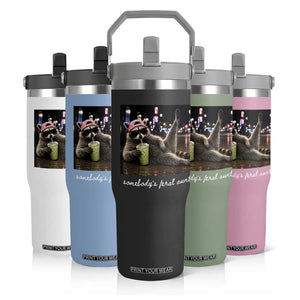 Somebody's Feral Aunt Flip Straw Tumbler Raccoon Drinking Iced Matcha Latte Sarcastic Animal Humor