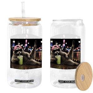 Somebody's Feral Aunt Glass Can Raccoon Drinking Iced Matcha Latte Sarcastic Animal Humor
