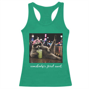 Somebody's Feral Aunt Racerback Tank Top Raccoon Drinking Iced Matcha Latte Sarcastic Animal Humor