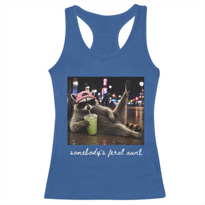Somebody's Feral Aunt Racerback Tank Top Raccoon Drinking Iced Matcha Latte Sarcastic Animal Humor
