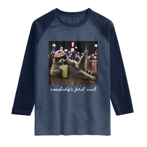 Somebody's Feral Aunt Raglan Shirt Raccoon Drinking Iced Matcha Latte Sarcastic Animal Humor