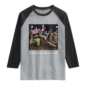 Somebody's Feral Aunt Raglan Shirt Raccoon Drinking Iced Matcha Latte Sarcastic Animal Humor