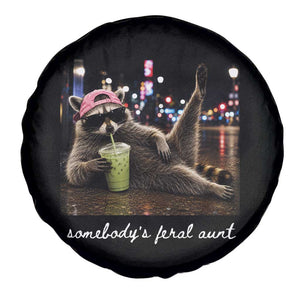 Somebody's Feral Aunt Spare Tire Cover Raccoon Drinking Iced Matcha Latte Sarcastic Animal Humor
