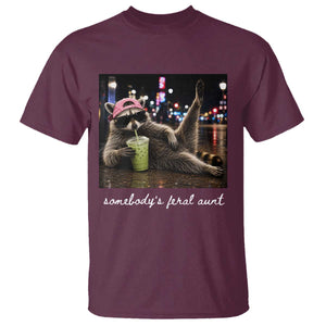 Somebody's Feral Aunt T Shirt Raccoon Drinking Iced Matcha Latte Sarcastic Animal Humor