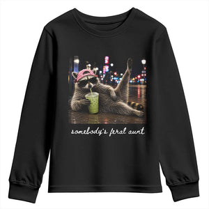 Somebody's Feral Aunt Youth Sweatshirt Raccoon Drinking Iced Matcha Latte Sarcastic Animal Humor