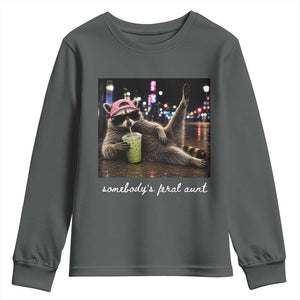 Somebody's Feral Aunt Youth Sweatshirt Raccoon Drinking Iced Matcha Latte Sarcastic Animal Humor
